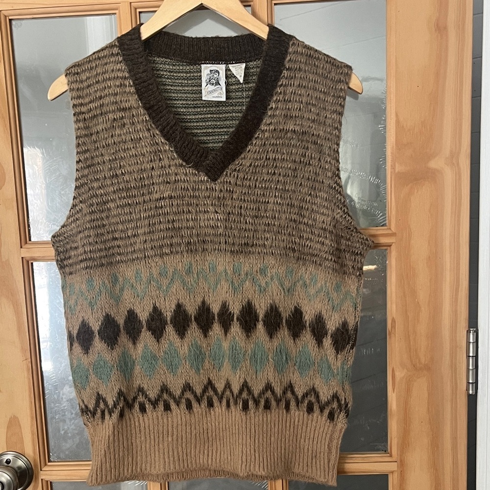 Vintage Brown and Teal Patterned V-Neck Sweater Vest Argyle Retro